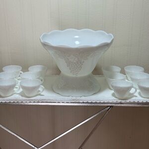 White Milk Glass Punch Bowl with Matching Cups